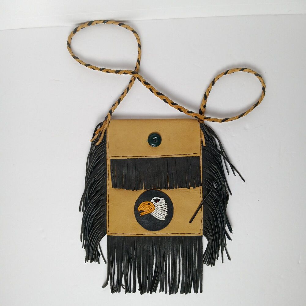 Vintage Leather Fringed Medicine Bag Beaded Eagle Crossbody Pouch